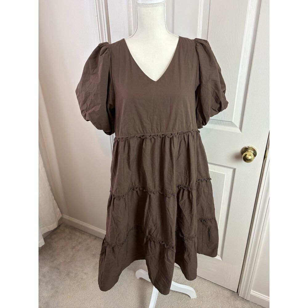 Lena and Lou Boutique Brand Brown Puff Sleeve Mini Dress Preppy Fall Pocket Sz M